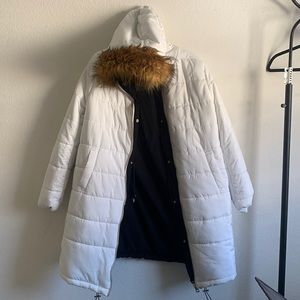 Reversible puffer winter coat with fur hood